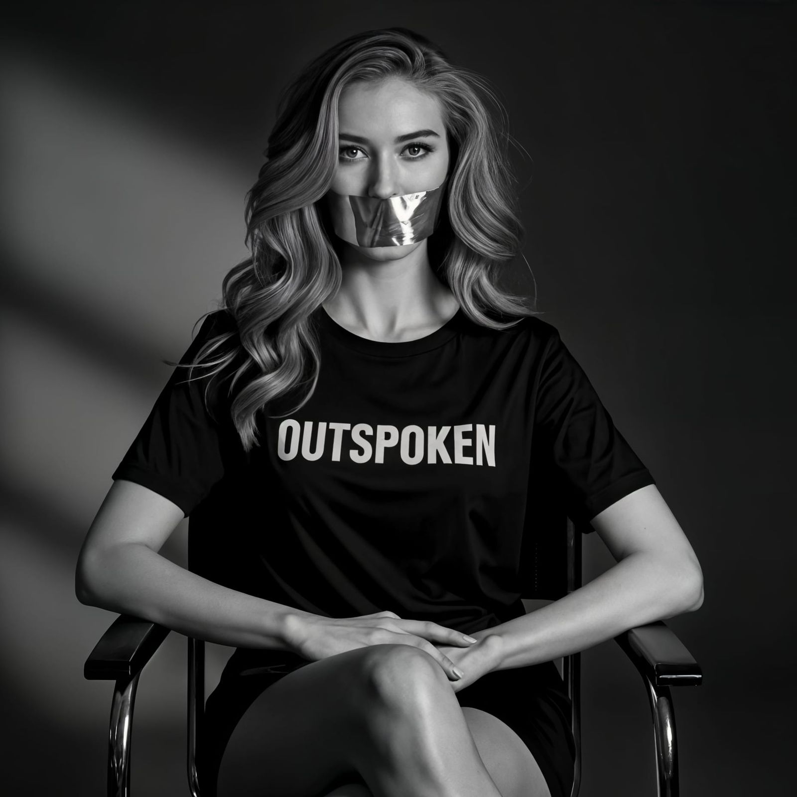 Gorgeous Woman in Duct Tape Silence, Black and White Portrai...