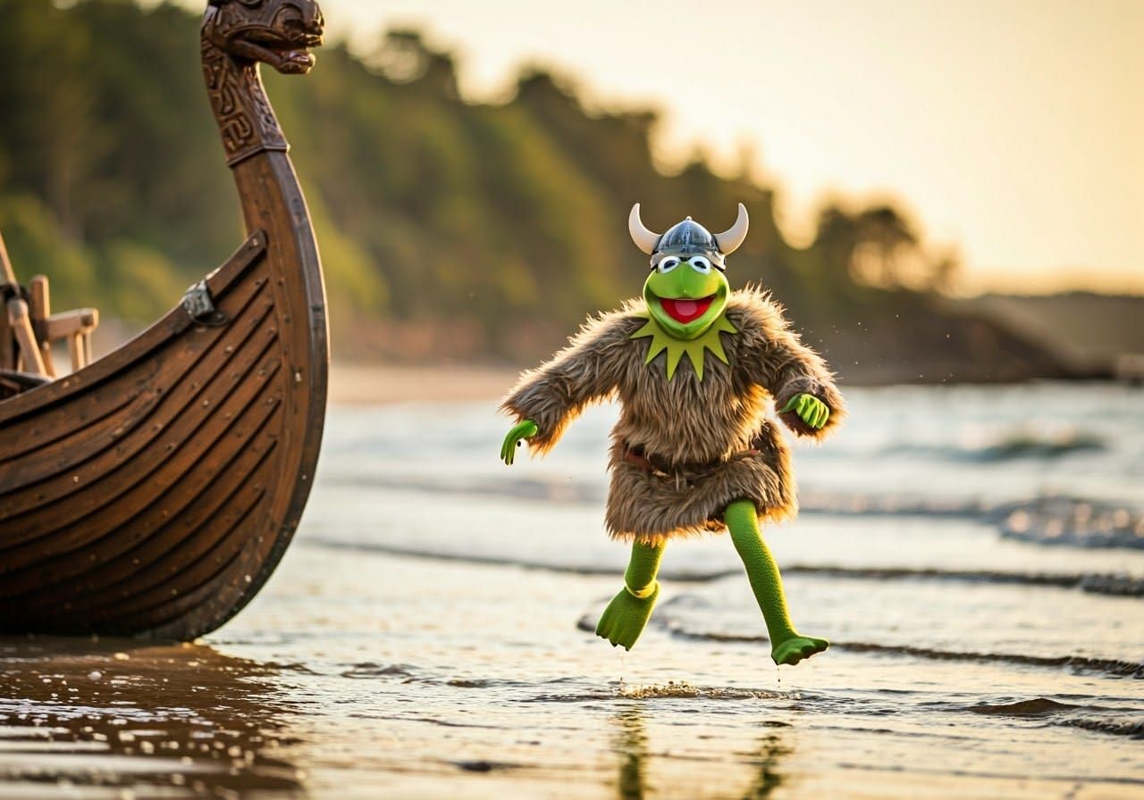 Viking Kermit Lands on Sun-Kissed Beach in Furry Regalia