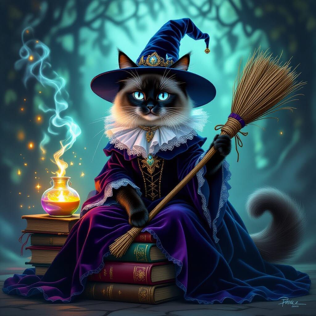 Siamese Cat Witch in Gown with Broomstick on Spellbooks
