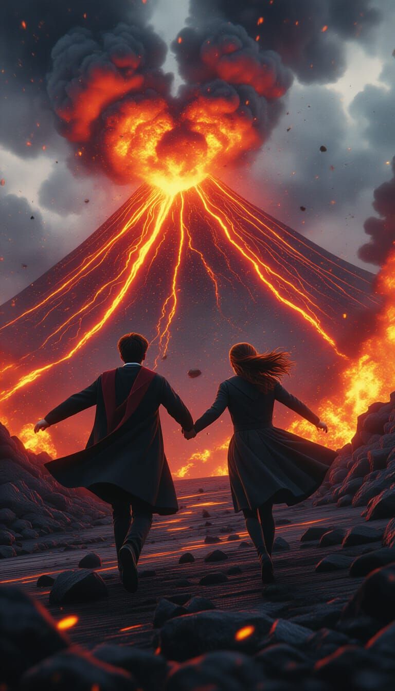 Harry Potter and Ginny Weasley Fleeing Volcano Eruption