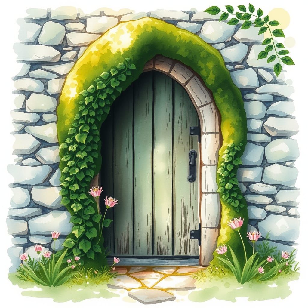 Secret Garden Door in Watercolor Style
