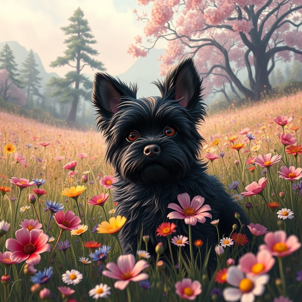 Vibrant Fantasy Landscape with a Black Yorkie