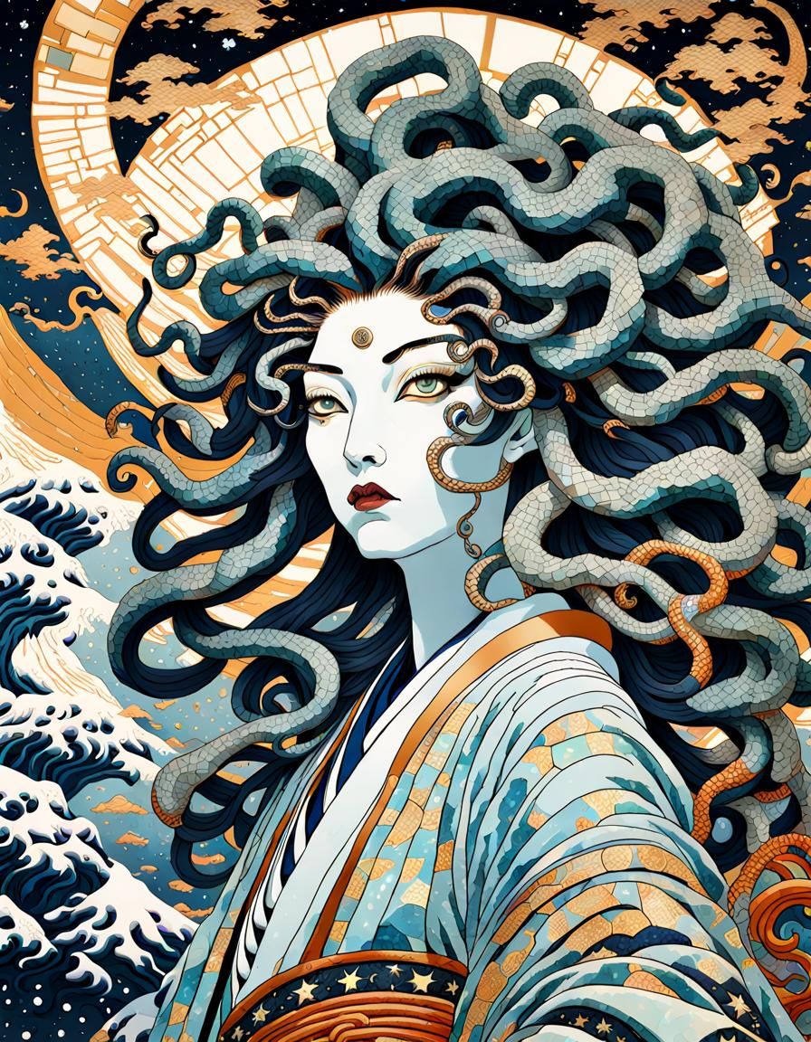 Ukiyo-e Medusa with Celestial Mosaic Hair