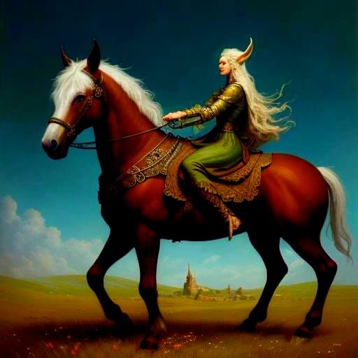 Alien and Horse in Sun-Drenched Meadow