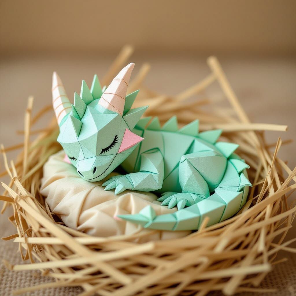 Origami Pastel Dragon Sleeping in Straw Nest