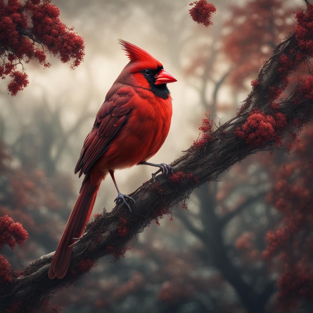 Red Cardinal on Branch: Digital Matte Painting