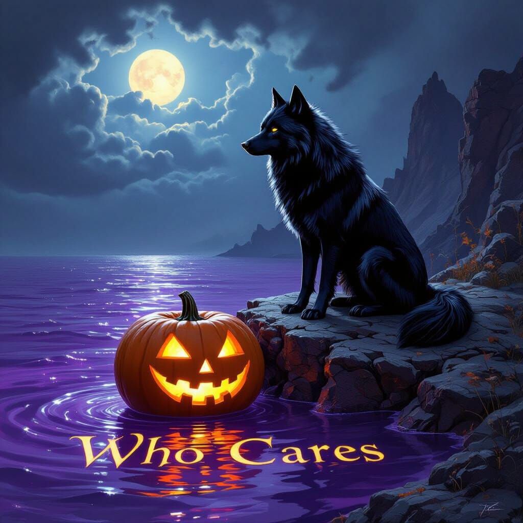 Black Wolf on Cliff with Glowing Pumpkin and Purple Water