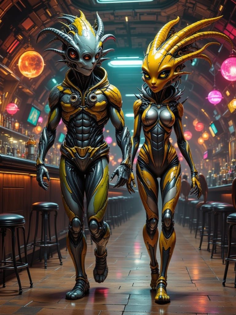 Alien Couple in Futuristic Spaceship Nightclub