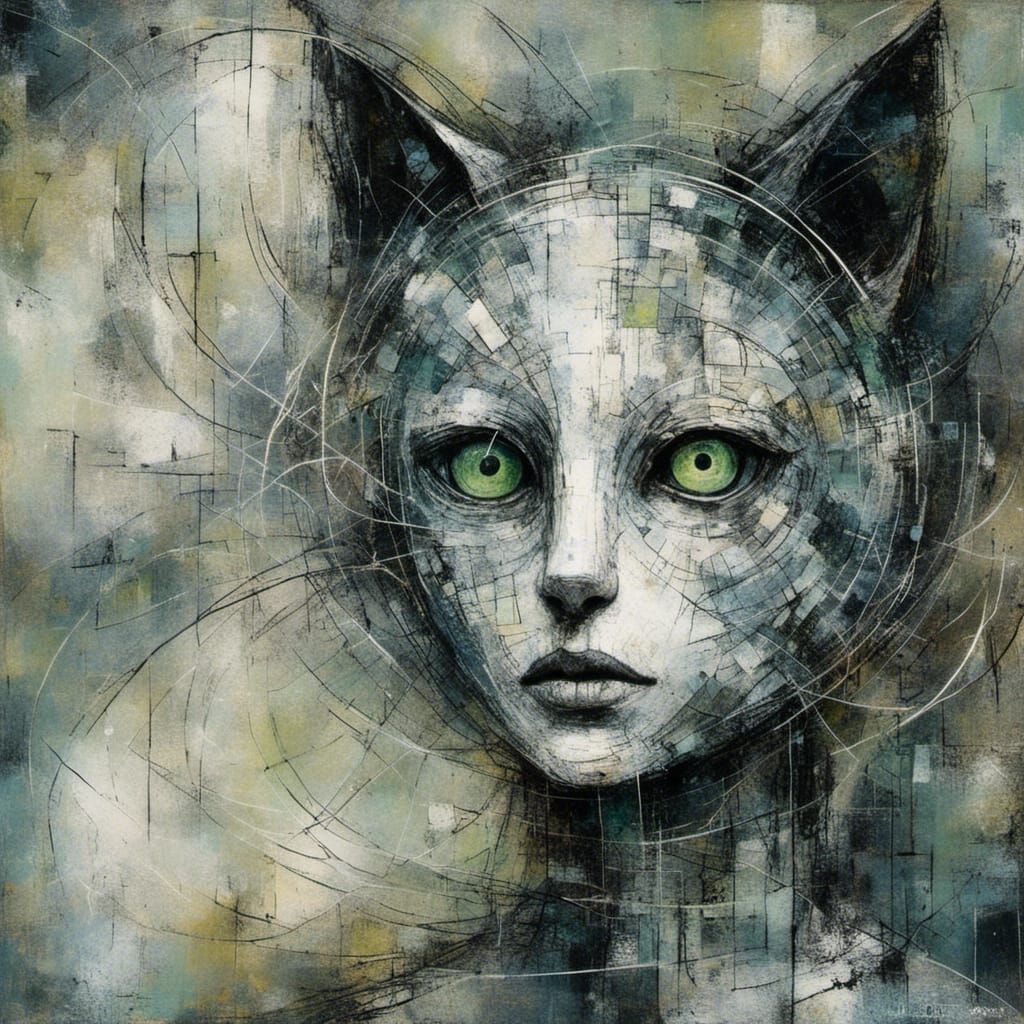 Abstract Portrait of Feline Humanoid in Acrylic Style