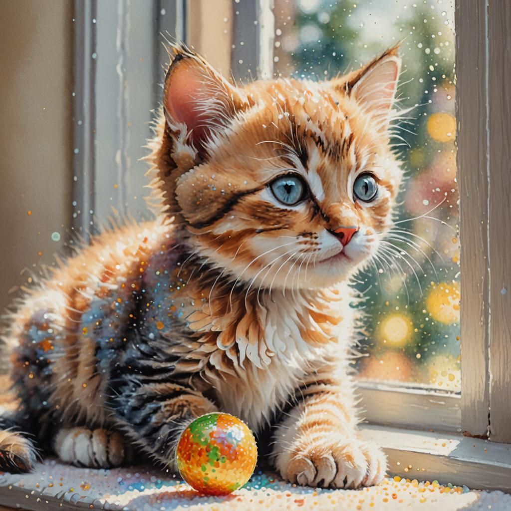 Joyful Kitten Playing: Pointillism Digital Art