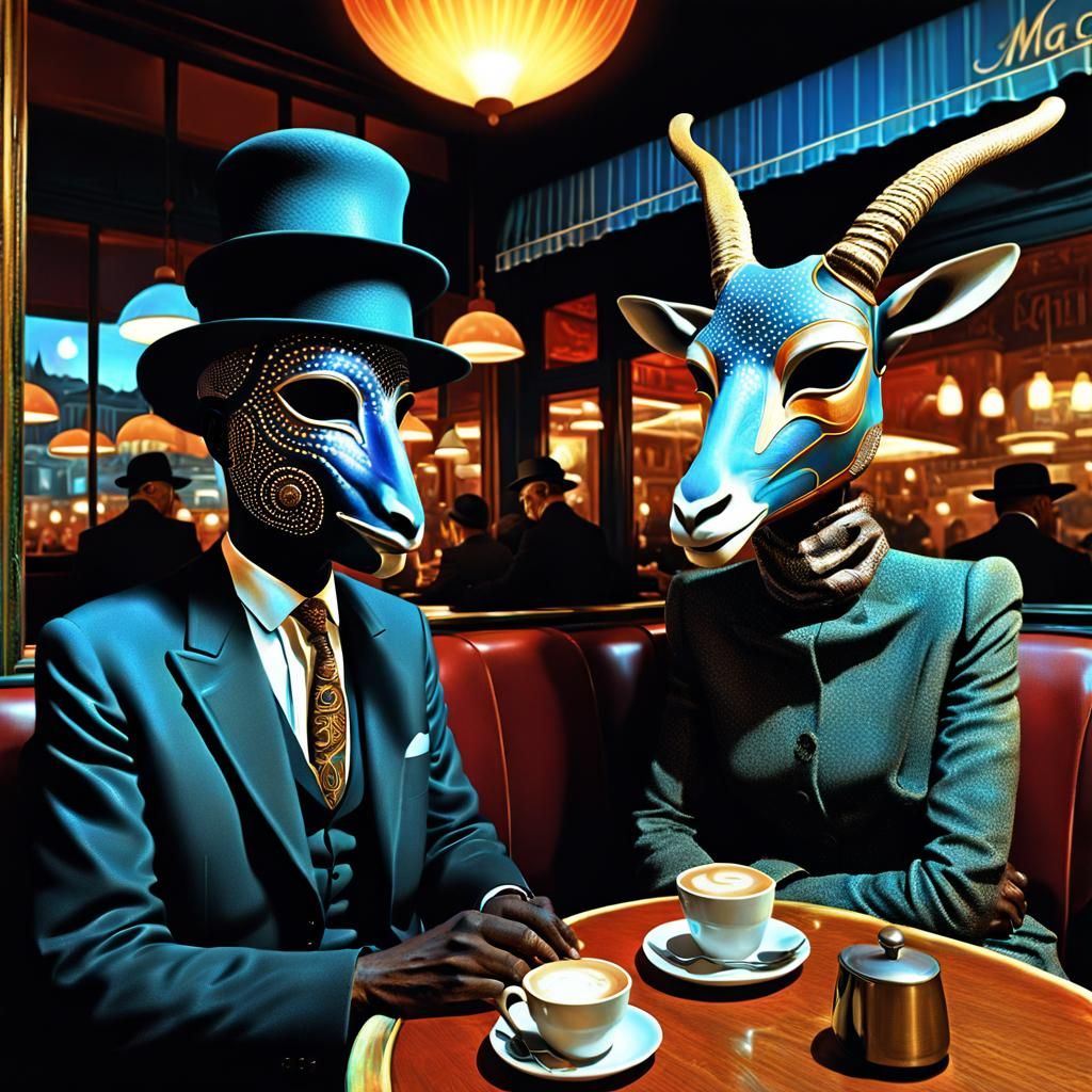Surreal Meeting: African Woman and Bowler Hat Man