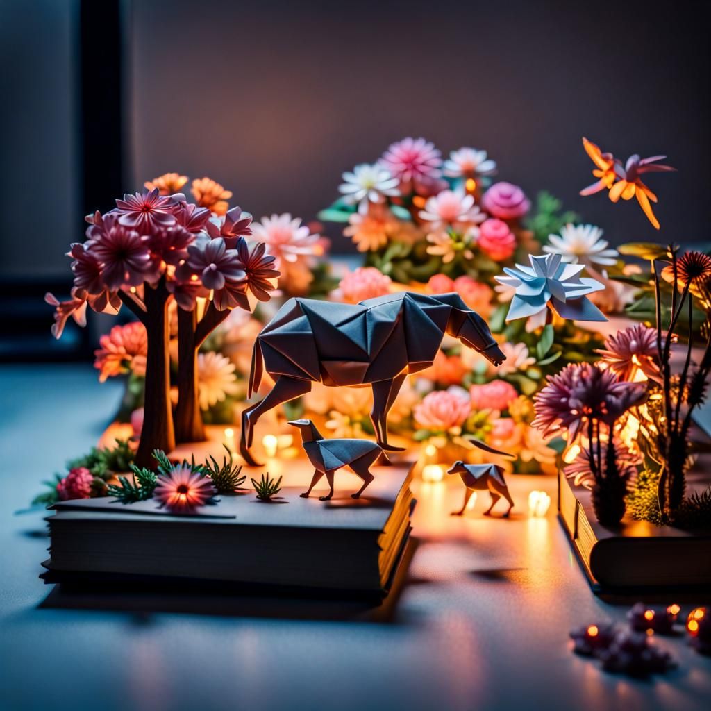 Luminous Origami Figurines in Dark Room Diorama