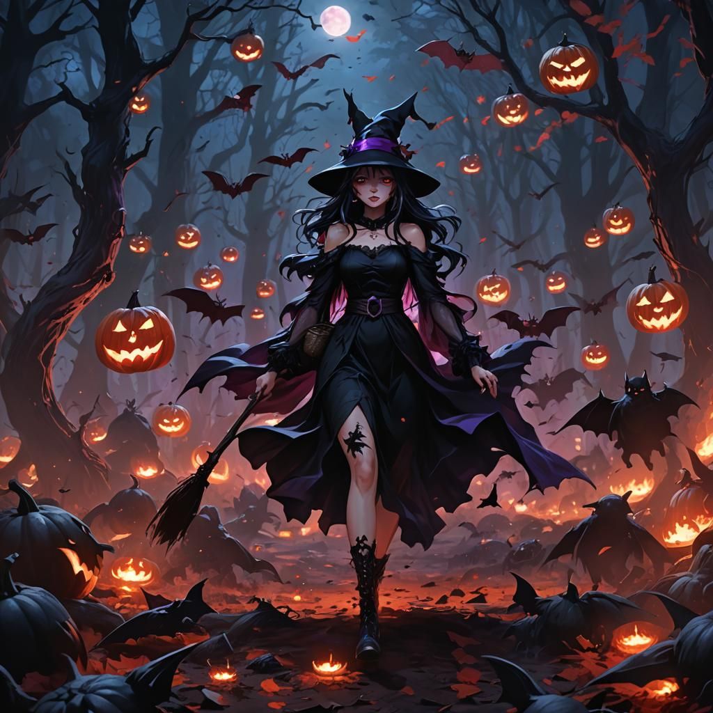 Fantasy Witch in Dark Forest Anime Art