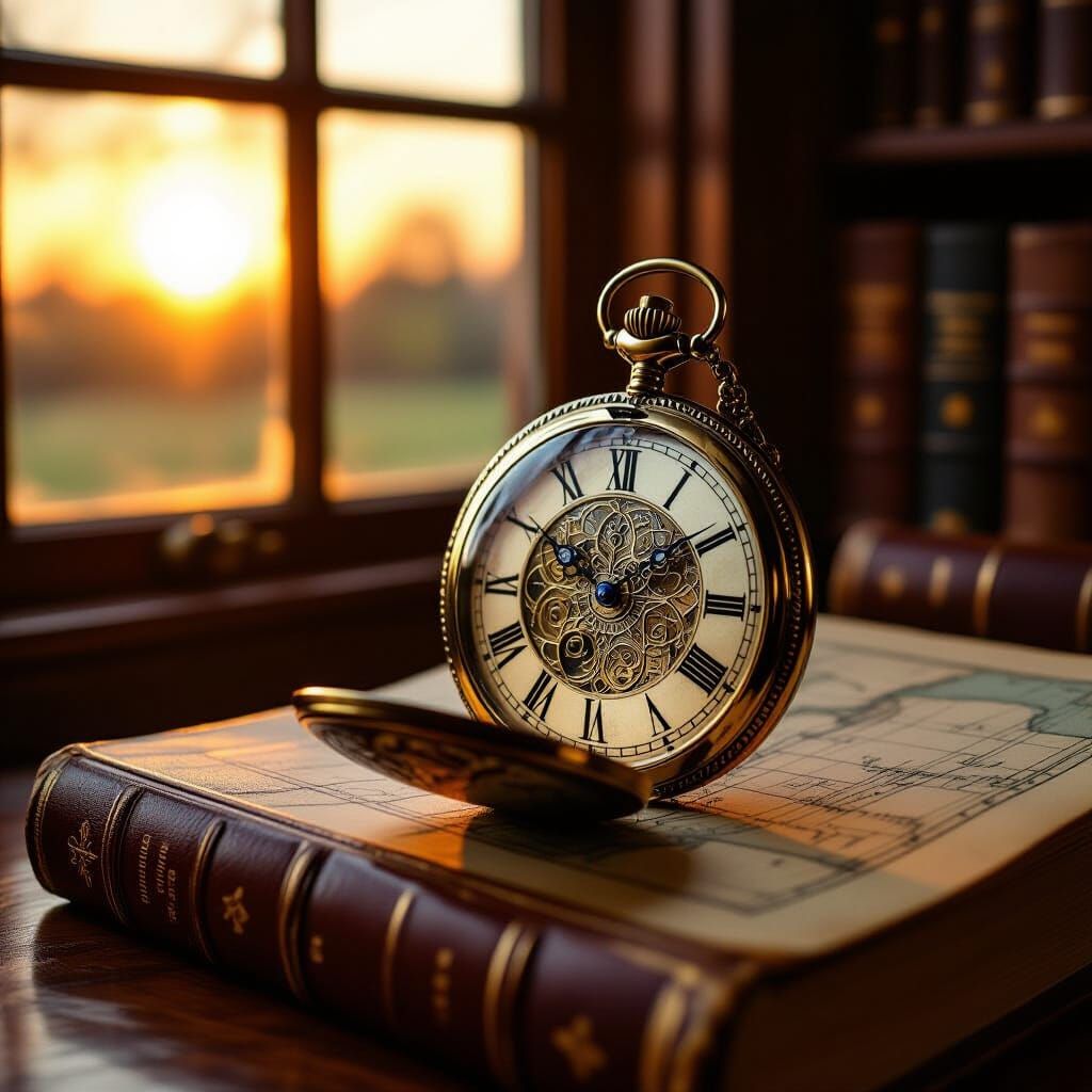 Engraved Pocket Watch on Old Maps Book in Golden Light