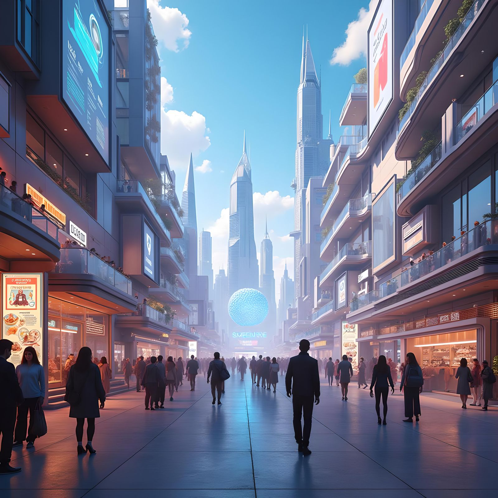 Bustling Virtual World Plaza with Futuristic Architecture