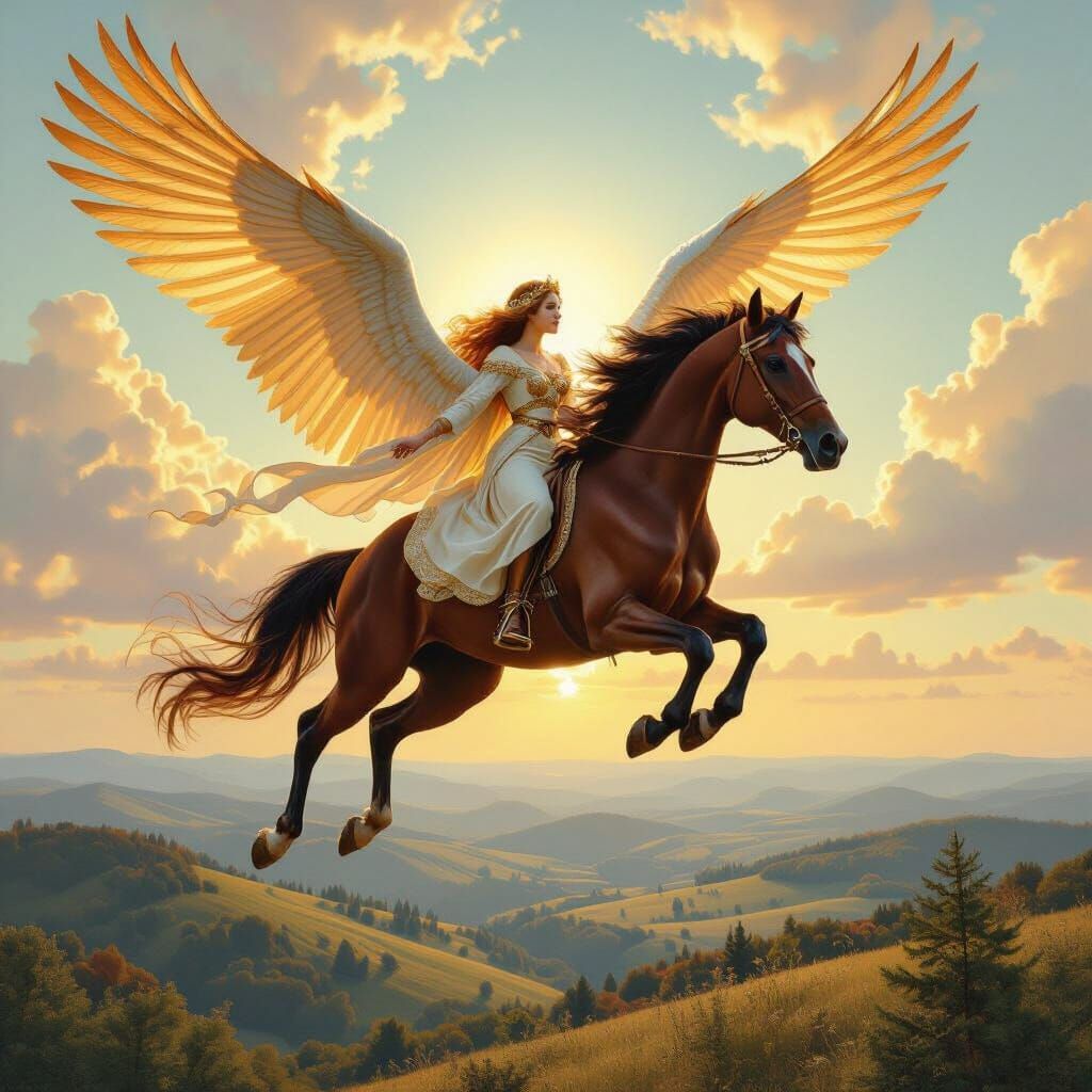 Majestic Feathered Horse and Maiden in Hyperrealistic Style
