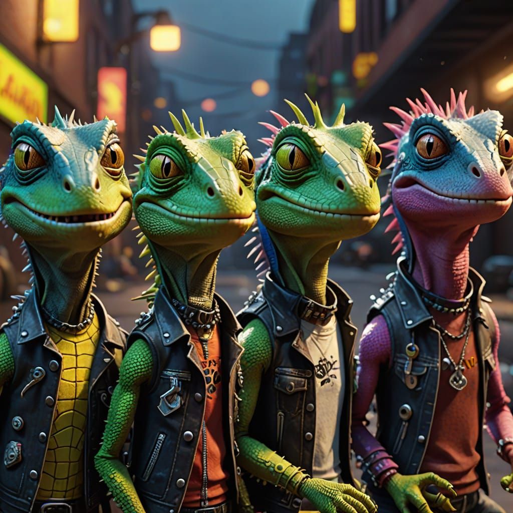 Lizard Punk Band Posing: Pixar-Style CGI Magazine Cover