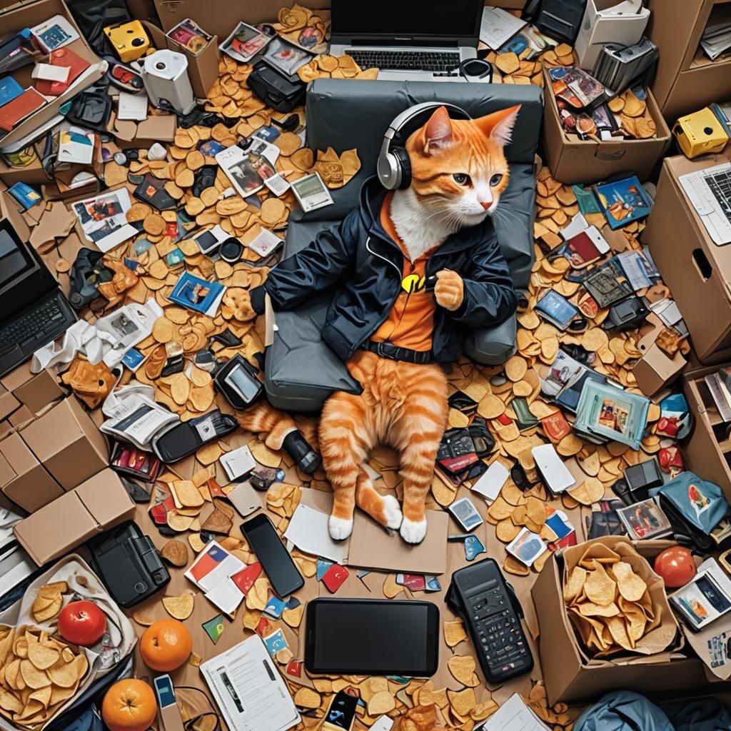 Orange Cat Listens to Music in Messy Room
