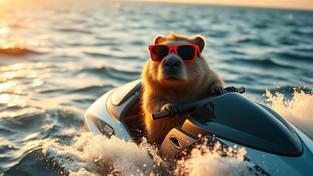 Capybara Jet Skiing in Cinematic Style