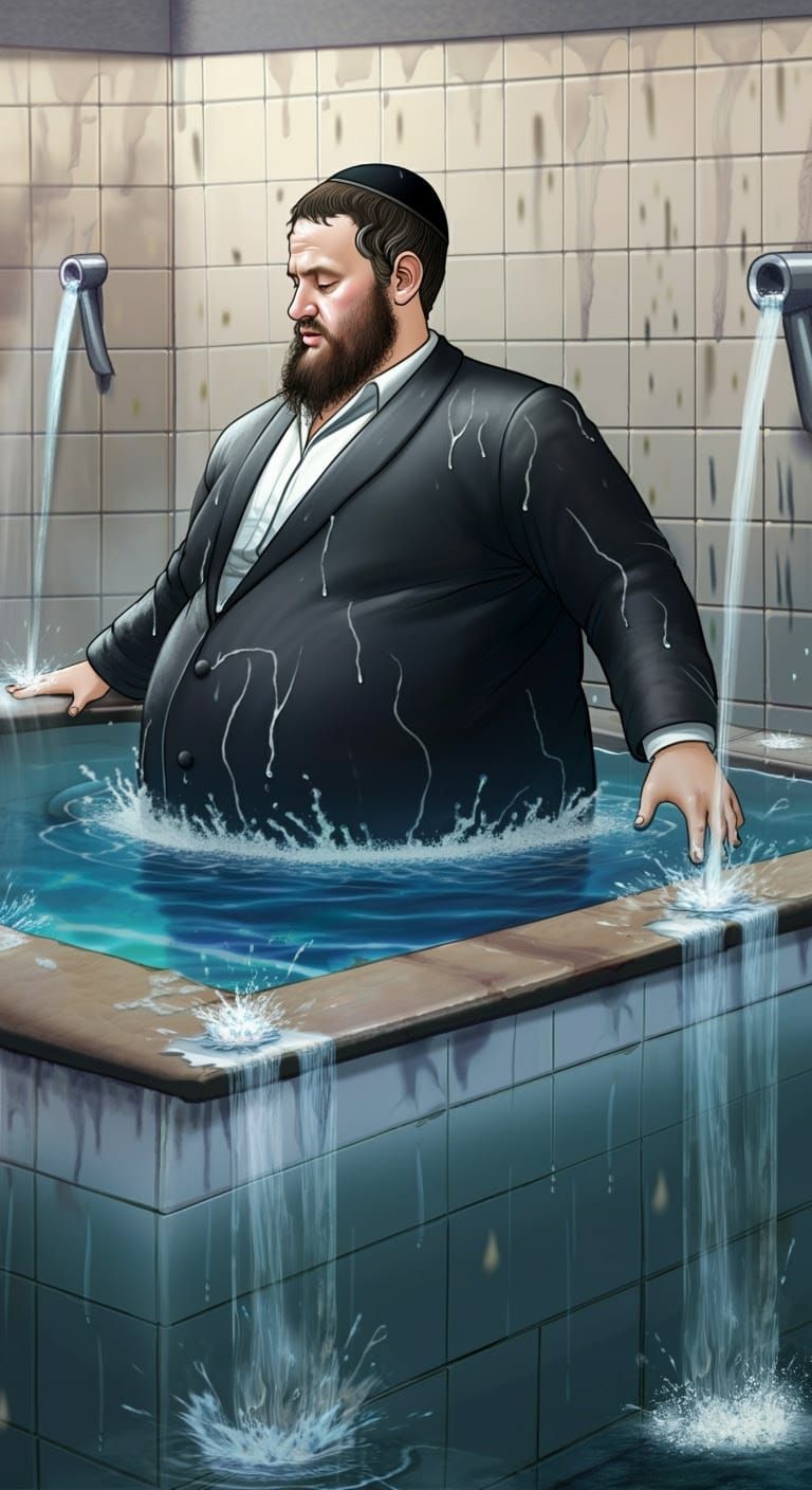 Hasidic Man Immersed in Mikvah, Comic-Style Illustration