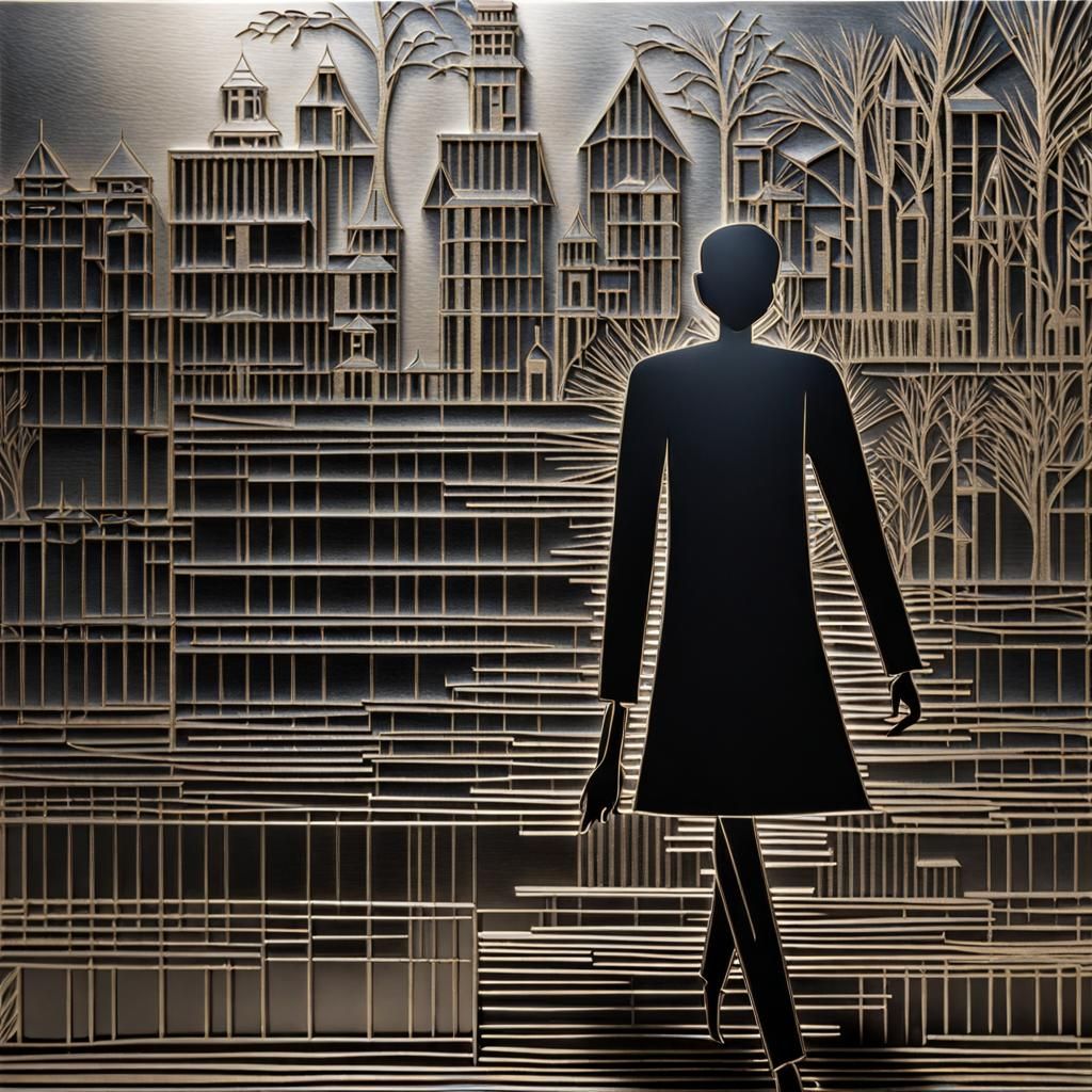 Engraved Metal Sculpture of Teenager in Art Nouveau Style