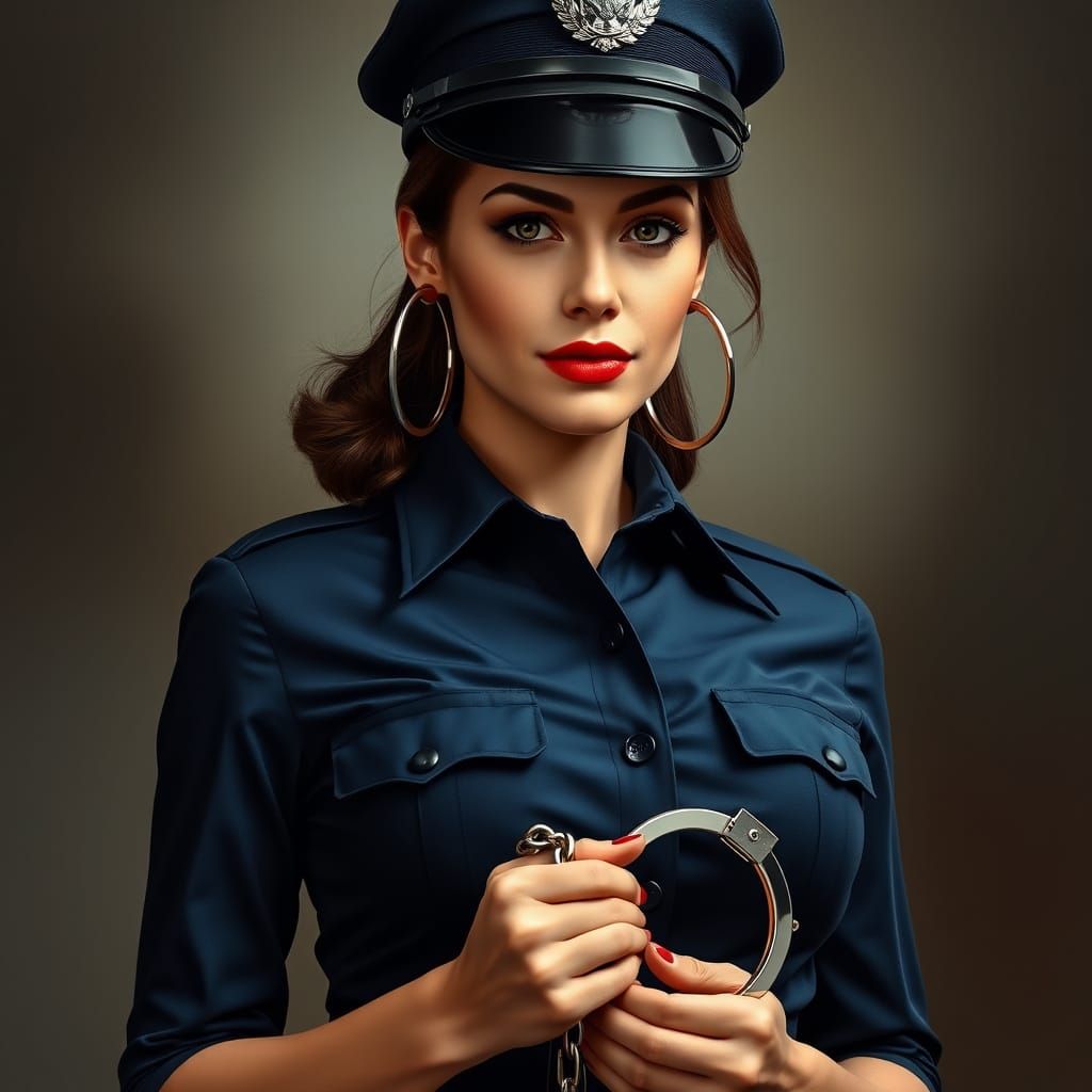 Confident Female Police Officer in Navy Blue Uniform