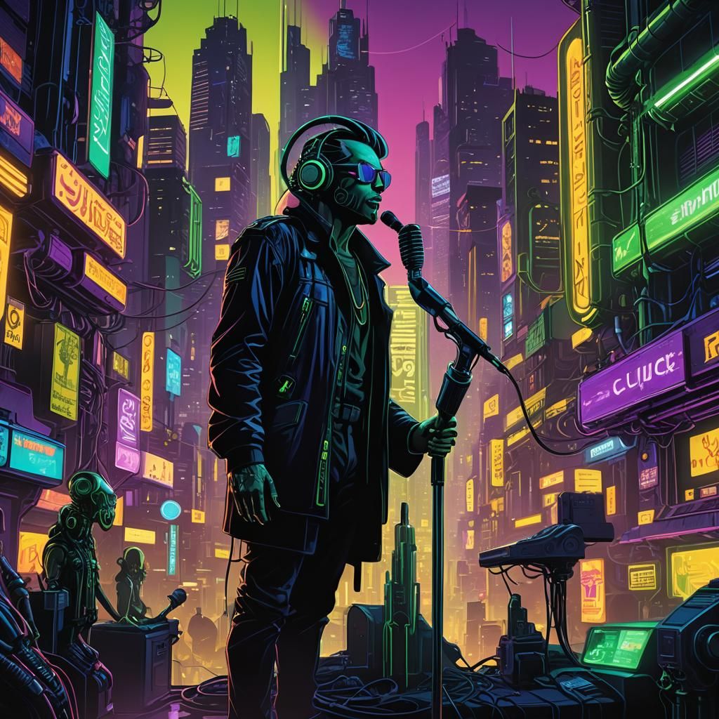 Rapper in Neon Cityscape: Fantasy Concept Art