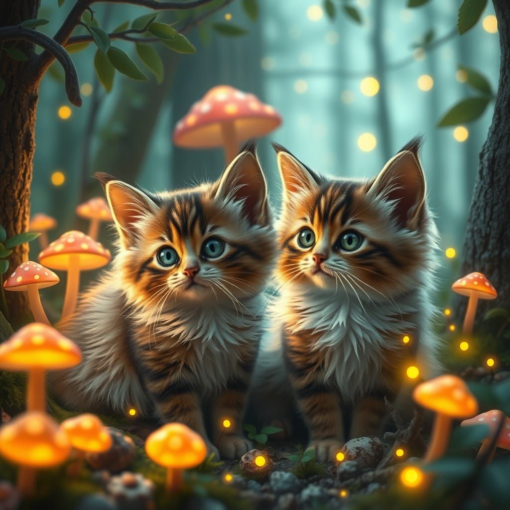 Enchanted Forest Cats in Hyperrealistic Digital Art