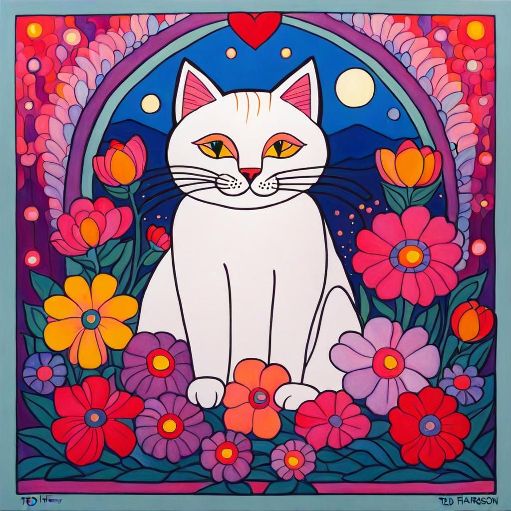 Cat with Flowers in Ted Harrison Style