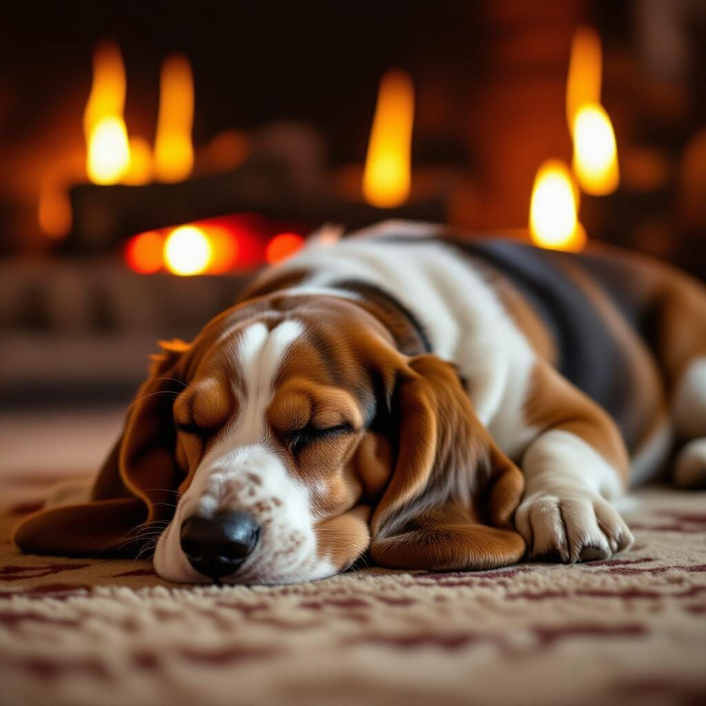 Basset Hound Sleeps by Fireplace: Photorealistic Detail