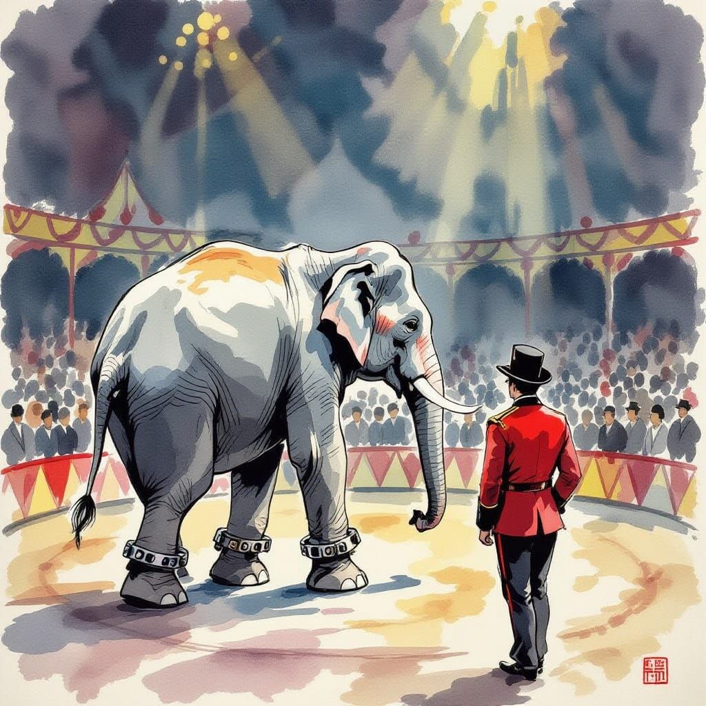 Elephant in Circus with Shackles, Ringmaster Nearby