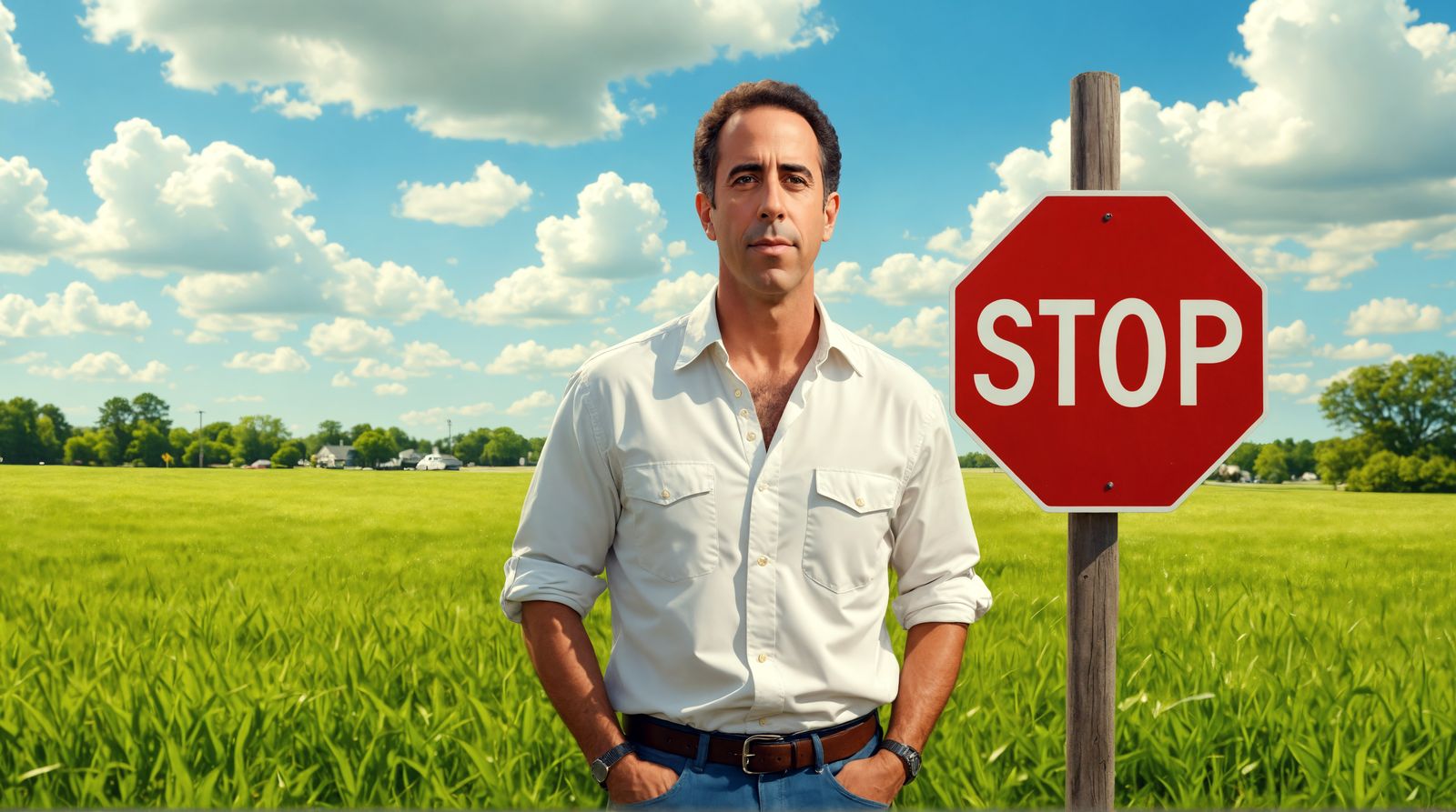 Comedian Jerry Seinfeld in a Grassy Field