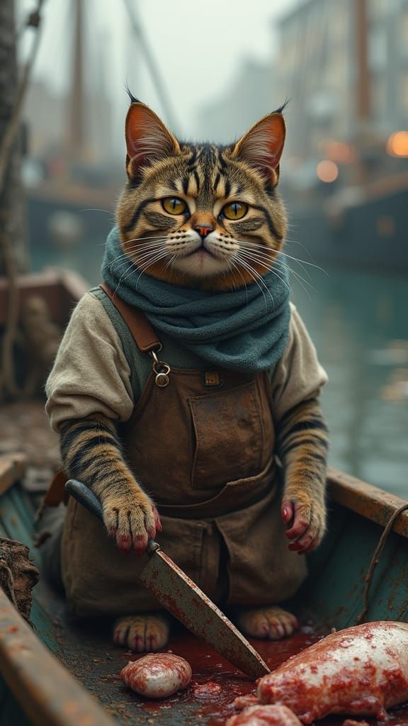 Realistic Cat Butcher on Gritty Boat