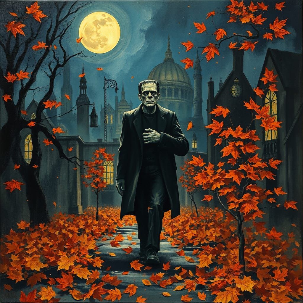 Frankenstein Strolls Through Autumn: Heavy Metal Watercolor