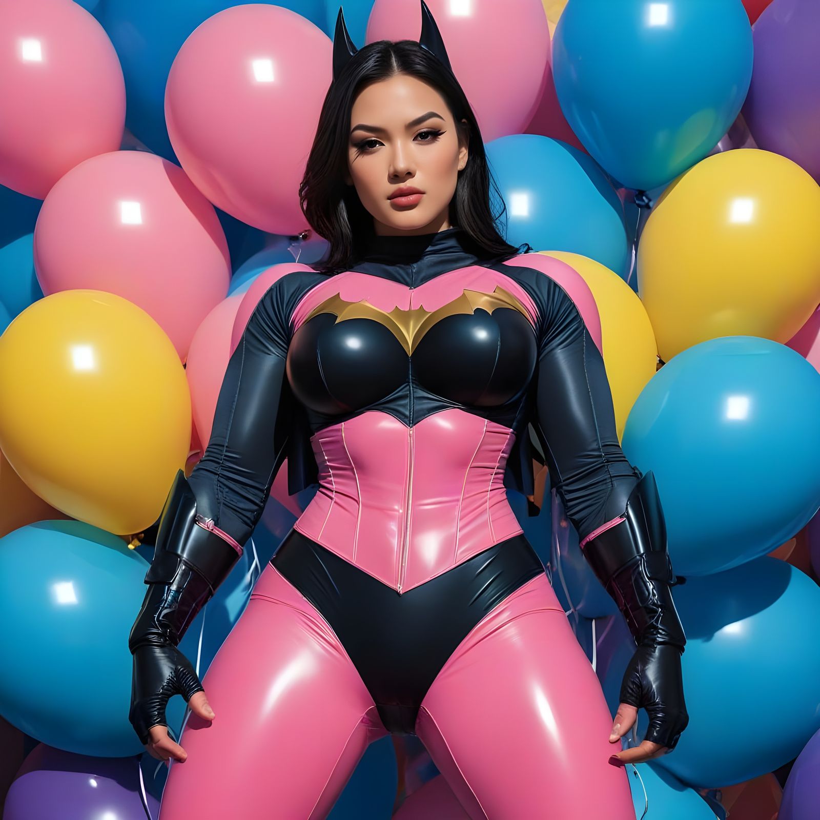 Cyberpunk Goddess in Bat-Suit, Surrounded by Vibrant Balloon...