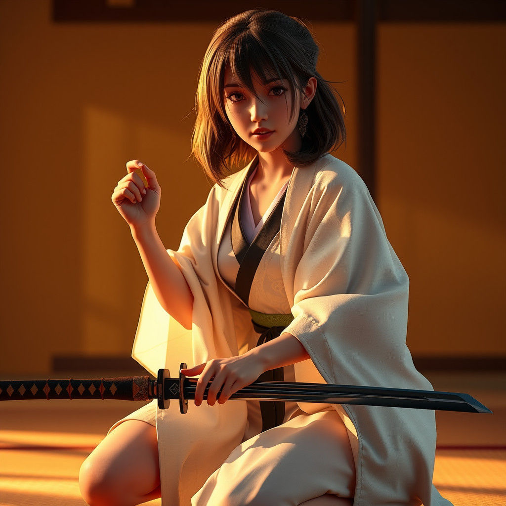 Japanese Girl with Samurai Sword in 3D Render
