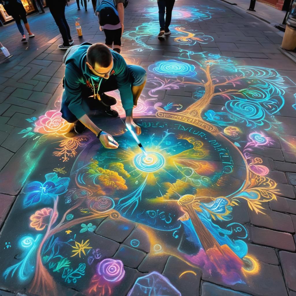 Vibrant Bioluminescent Street Art in Mixed Media Style