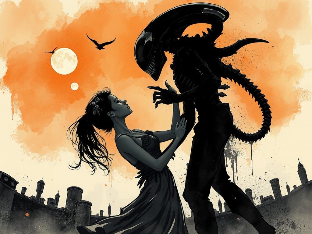 Surreal Lovers Dance Under Alien Moons in Ink Wash