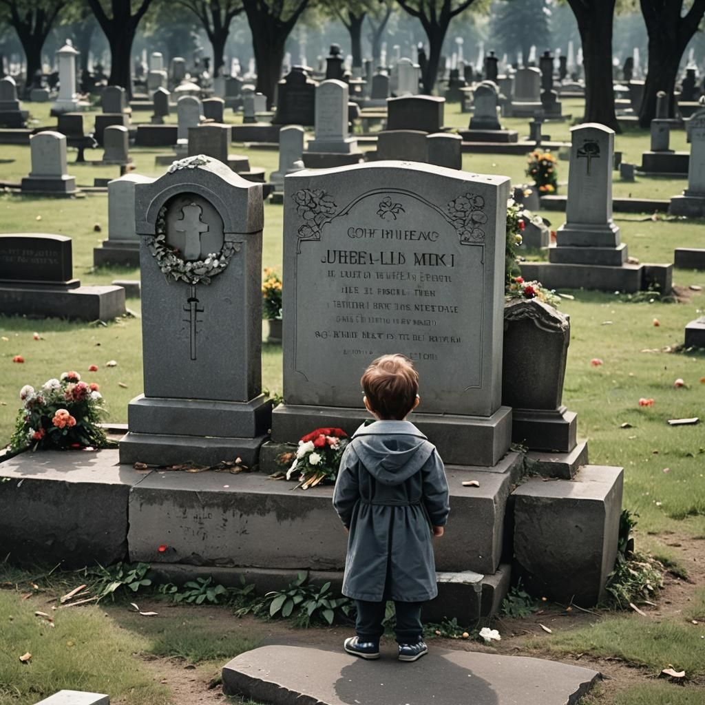 Child Alone at Cemetery Grave: Remembrance