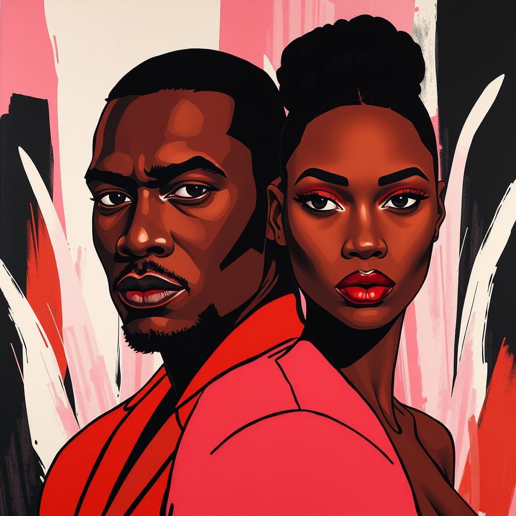 Monochromatic Portrait of Black Man and Feminine Figure in D...