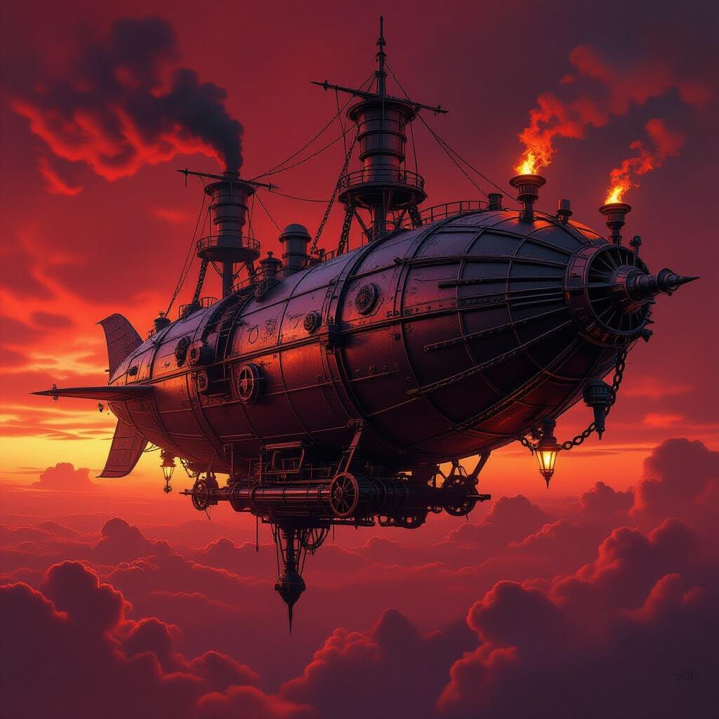 Gothic Metal Airship Sailing Crimson Sky in Steampunk Style