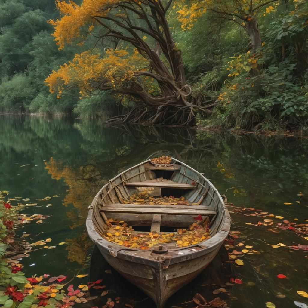 Lakeshore Boat in Klimt Style with Gilded Autumn Leaves