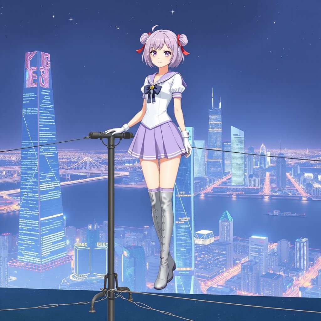 Anime Girl in Sailor Uniform Guarding City