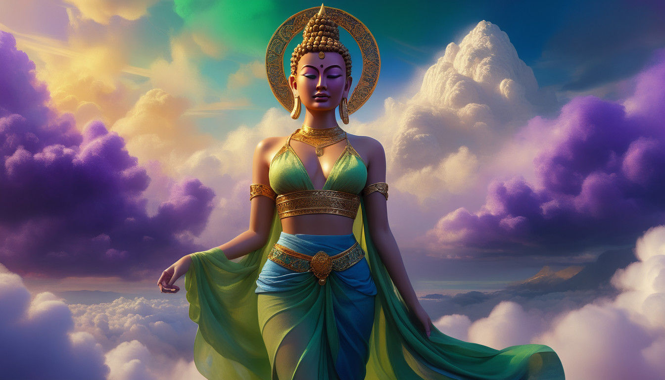 Maitreya Buddha Soars Above Heaven in Vibrant Triadic Colors