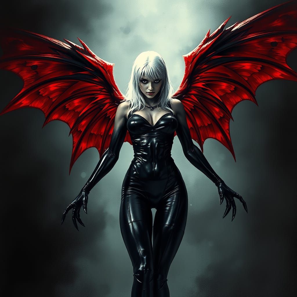 Hyperrealistic Vampirella with Bloody Red Wings in Dark Myst...