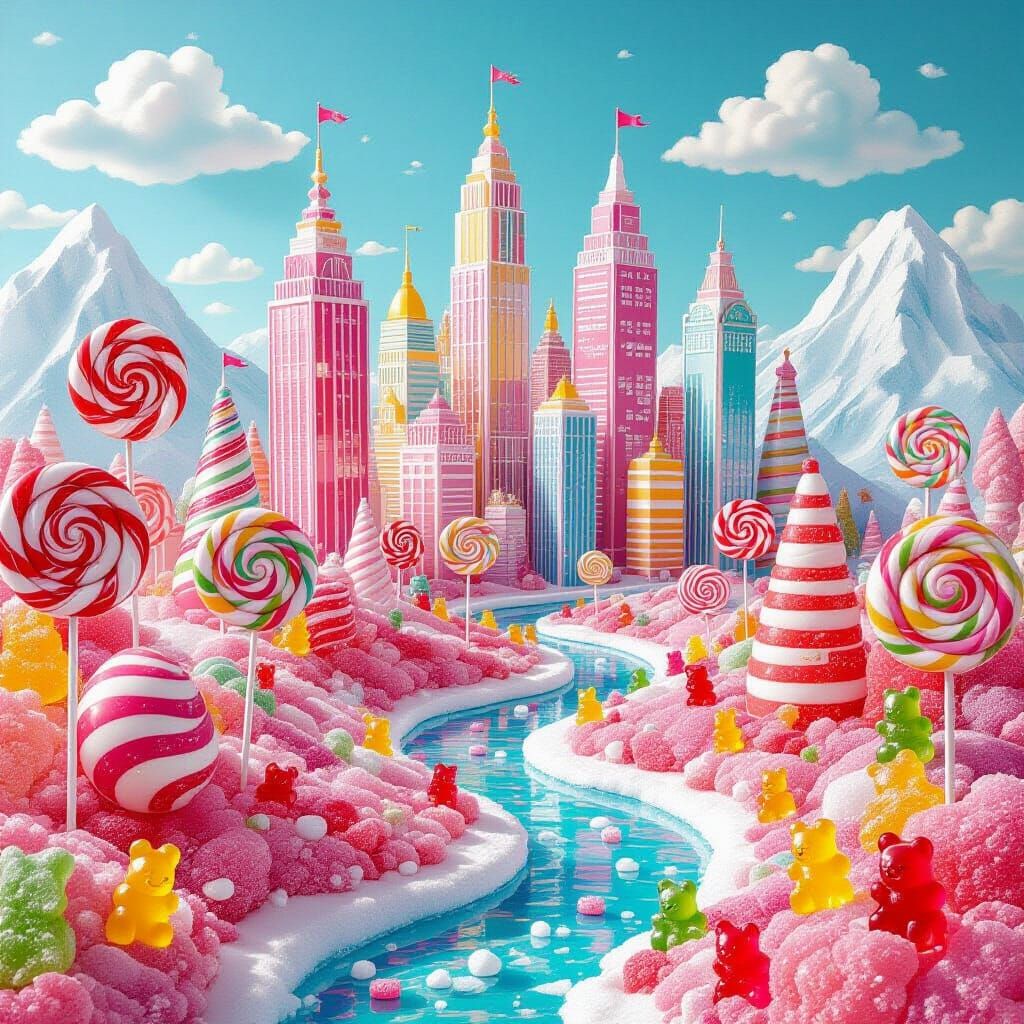 Whimsical Candy World with Lollipop Trees & Gumdrop Mountain...