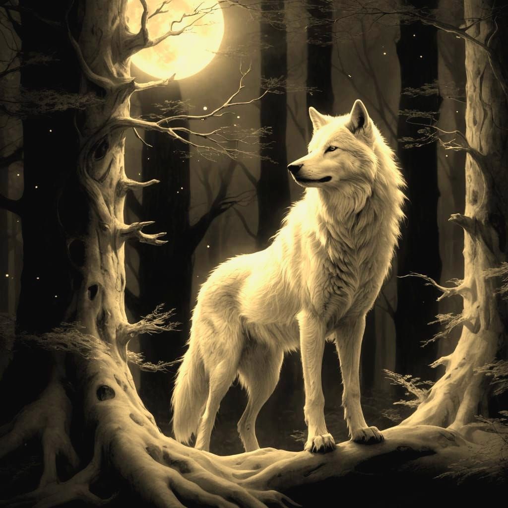 Majestic White Wolf in Mystical Moonlit Forest