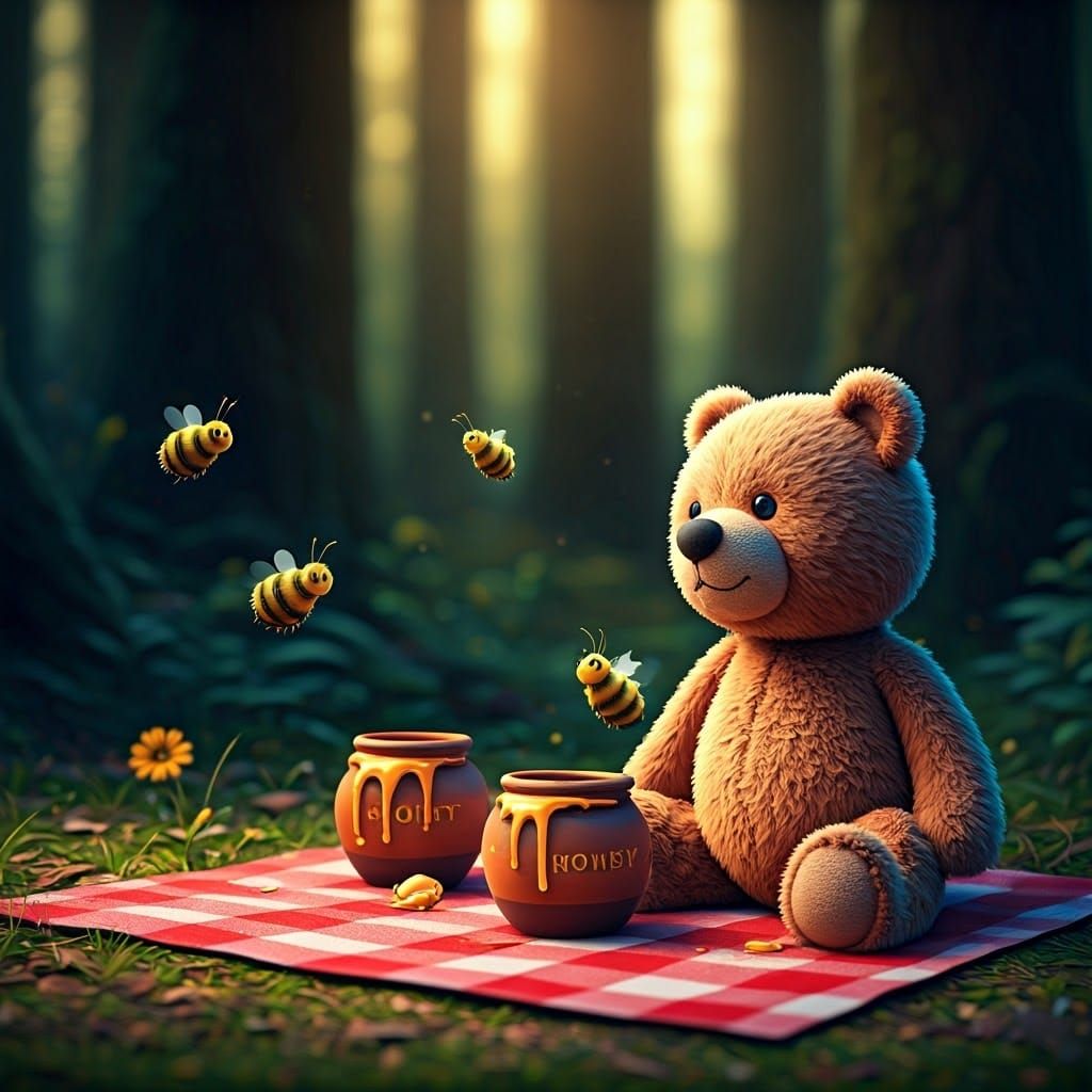 Teddy Bears' Picnic in Forest, 3D Digital Art