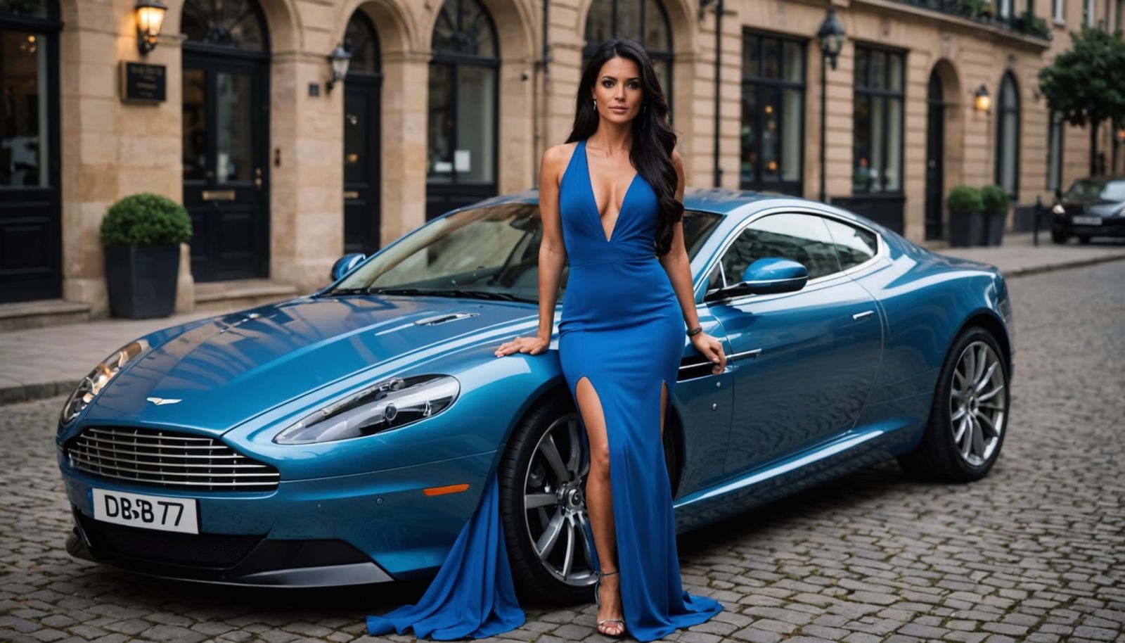 Elegant Woman in Blue Dress with Aston Martin at Night