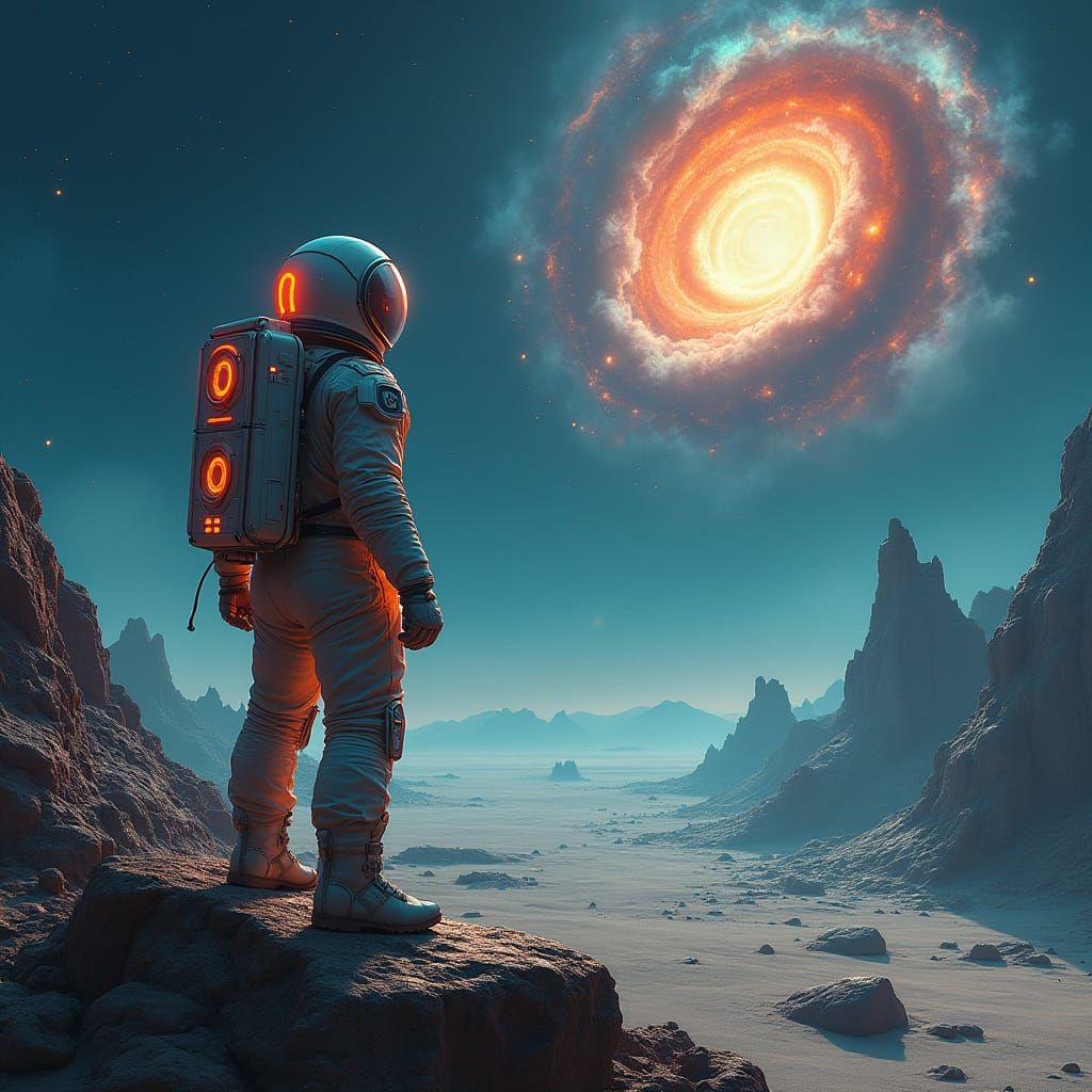 Retro-Futuristic Astronaut Gazing at Iridescent Nebula on Al...